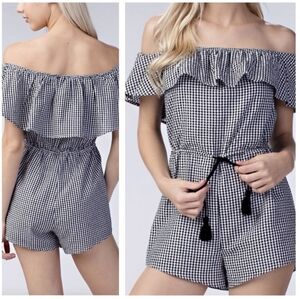 Honey Punch Gingham Off Shoulder Romper Black White Milkmaid Cottagecore Boho‎ M